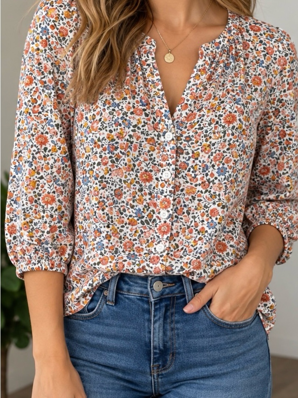 LOFT White Floral Button-Front Blouse with Coral and Blue Accents